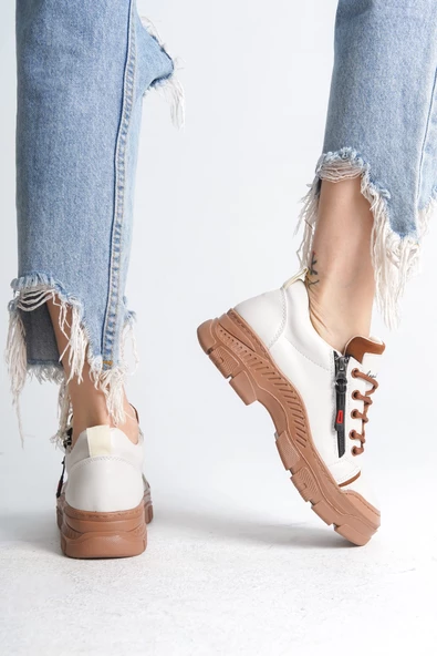 AGATHA Bağcıklı Fermuarlı Ortopedik Taban Cilt Kadın Sneaker Ayakkabı TT Krem - 4