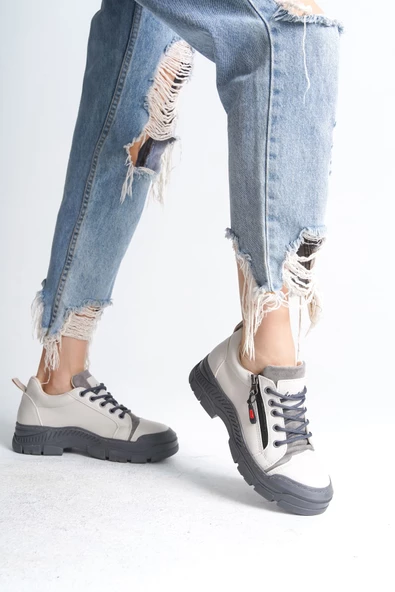 AGATHA Bağcıklı Fermuarlı Ortopedik Taban Cilt Kadın Sneaker Ayakkabı GT Krem - 3