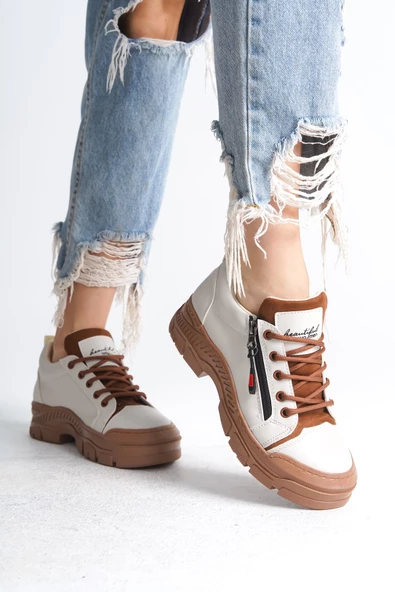 AGATHA Bağcıklı Fermuarlı Ortopedik Taban Cilt Kadın Sneaker Ayakkabı TT Krem - 2