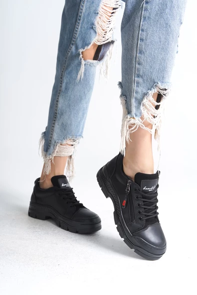 AGATHA Bağcıklı Fermuarlı Ortopedik Taban Cilt Kadın Sneaker Ayakkabı ST Siyah - 3
