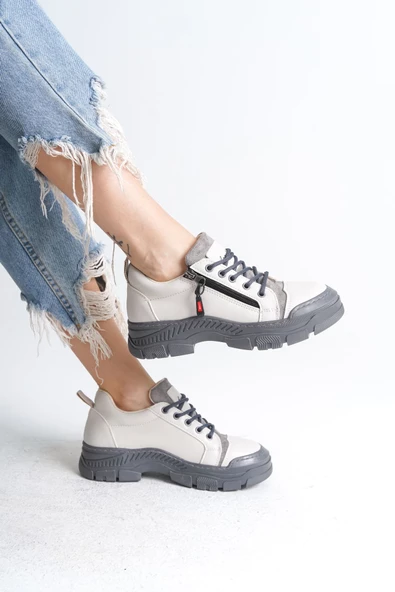 AGATHA Bağcıklı Fermuarlı Ortopedik Taban Cilt Kadın Sneaker Ayakkabı GT Krem - 4
