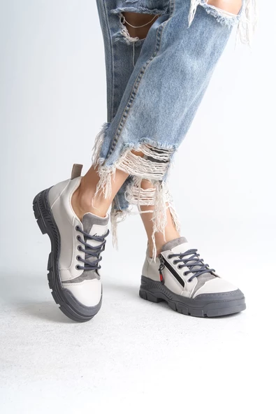 AGATHA Bağcıklı Fermuarlı Ortopedik Taban Cilt Kadın Sneaker Ayakkabı GT Krem - 2