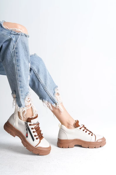 AGATHA Bağcıklı Fermuarlı Ortopedik Taban Cilt Kadın Sneaker Ayakkabı TT Krem - 3