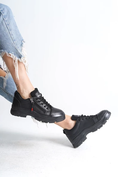 AGATHA Bağcıklı Fermuarlı Ortopedik Taban Cilt Kadın Sneaker Ayakkabı ST Siyah - 4