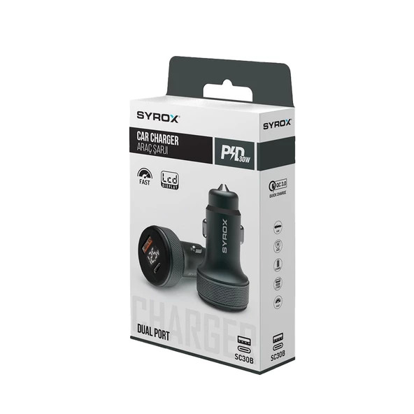 Syrox SC30B 3.1A 30W PD Q.C. 3.0 1xType-C + 1xUSB Çıkışlı Hızlı Araç Şarj Cihazı - Siyah - 2
