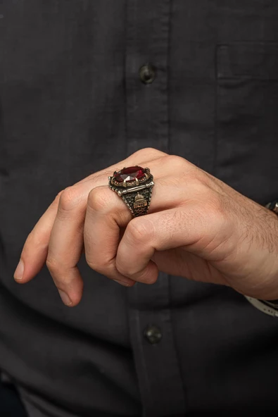 Kubbetüs Sahre Kırmızı Taşlı 925 Gümüş Erkek Yüzük - Resim 3