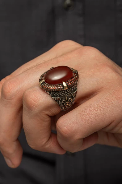 Akik Taşlı 925 Gümüş Erkek Yüzük - Resim 3