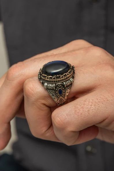 Mavi Kaplan Gözü Taşlı 925 Gümüş Erkek Yüzük - Resim 6