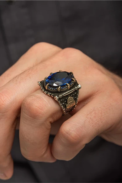 Kubbetüs Sahre Parlament Mavisi Taşlı 925 Gümüş Erkek Yüzük - Resim 5