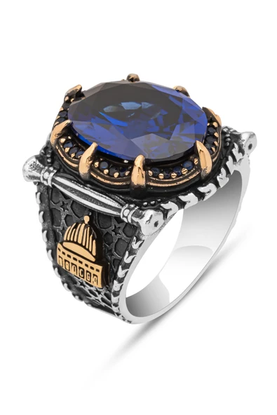 Kubbetüs Sahre Parlament Mavisi Taşlı 925 Gümüş Erkek Yüzük - Resim 2