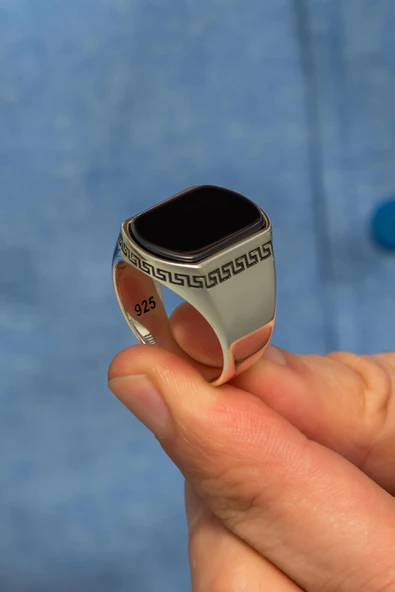 Siyah Oniks Taşlı Grek Desenli 925 Gümüş Erkek Yüzük - Resim 7