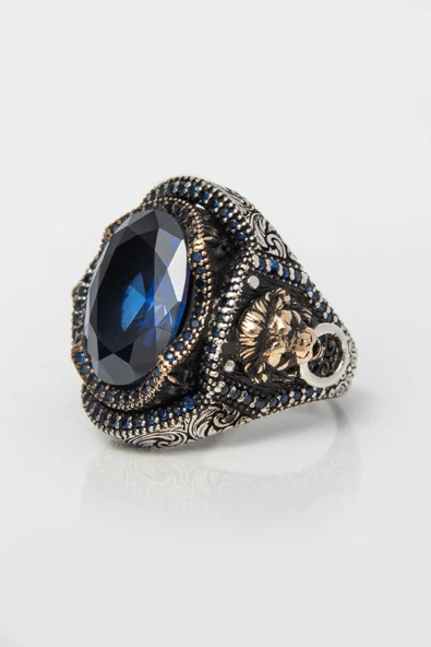 Parlament Mavisi Taşlı Aslan Kapı Tokmak Motifli 925 Gümüş Erkek Yüzük - Resim 3