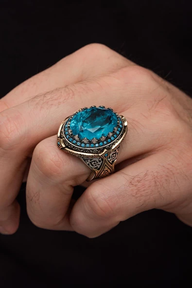 Mavi Paraiba Taşlı Zorbey 925 Gümüş Erkek Yüzük - Resim 5