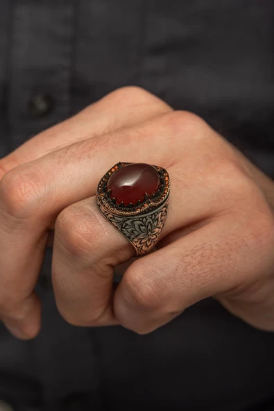 Çiçek Kakma Motifli 925 Gümüş Erkek Yüzük - 1