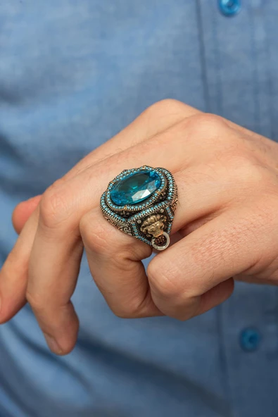 Aqua Mavi Taşlı Aslan Kapı Tokmak Motifli 925 Gümüş Erkek Yüzük - Resim 4