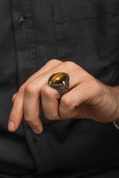 Kaplan Gözü Taşlı 925 Gümüş Erkek Yüzük - Resim 6