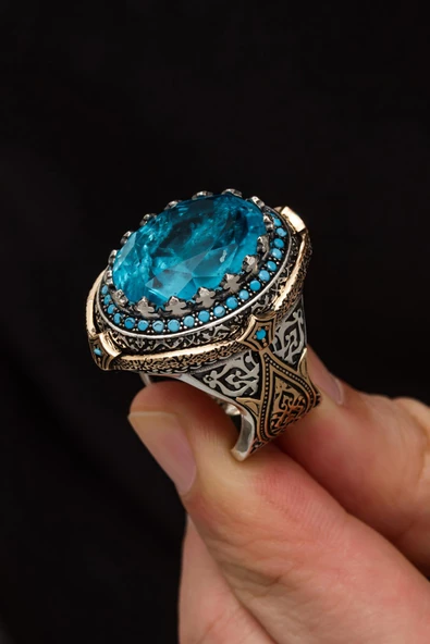 Mavi Paraiba Taşlı Zorbey 925 Gümüş Erkek Yüzük - Resim 2
