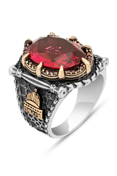 Kubbetüs Sahre Kırmızı Taşlı 925 Gümüş Erkek Yüzük - Resim 2