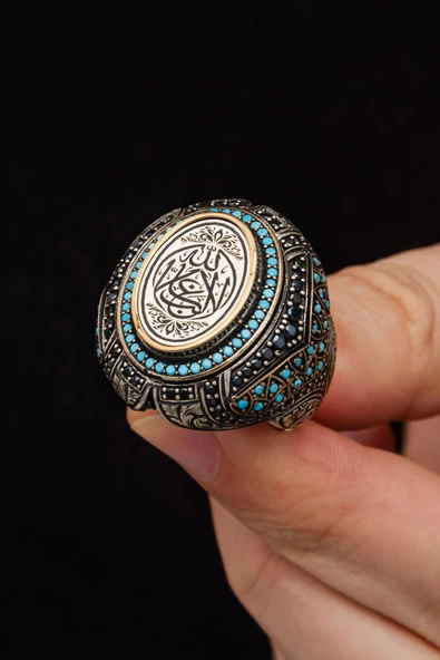 La Galibe İllallah YazılıMavi Taşlı 925 Gümüş Erkek Yüzük - Resim 6