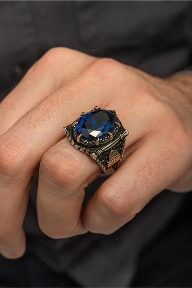 Kubbetüs Sahre Parlament Mavisi Taşlı 925 Gümüş Erkek Yüzük ürün görseli