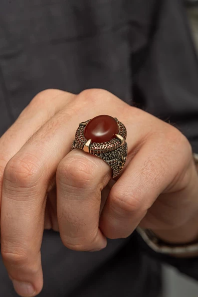 Akik Taşlı 925 Gümüş Erkek Yüzük - Resim 5