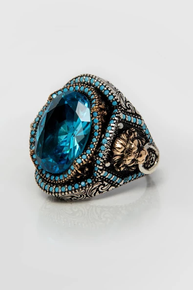 Aqua Mavi Taşlı Aslan Kapı Tokmak Motifli 925 Gümüş Erkek Yüzük - Resim 7