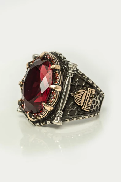 Kubbetüs Sahre Kırmızı Taşlı 925 Gümüş Erkek Yüzük - Resim 6