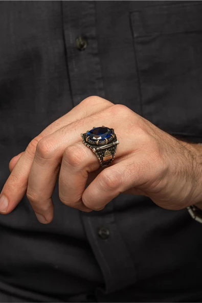 Kubbetüs Sahre Parlament Mavisi Taşlı 925 Gümüş Erkek Yüzük - Resim 7