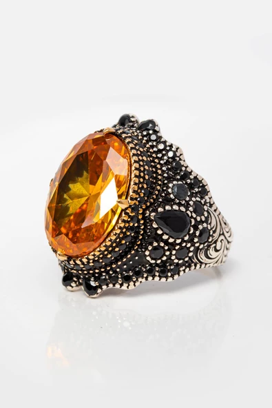 Sarı Zirkon Taşlı 925 Gümüş Erkek Yüzük - Resim 3