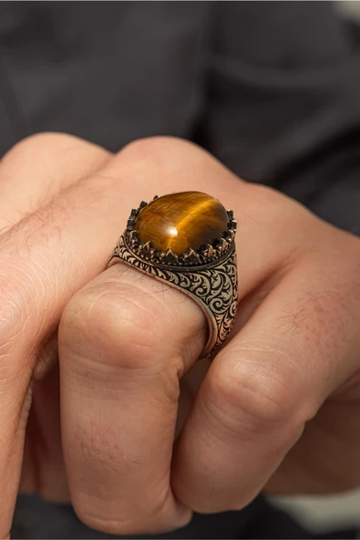 Oval Kaplan Gözü Taşlı 925 Gümüş Erkek Yüzük - 4