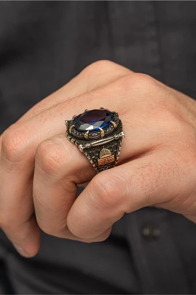 Kubbetüs Sahre Parlament Mavisi Taşlı 925 Gümüş Erkek Yüzük - Resim 3