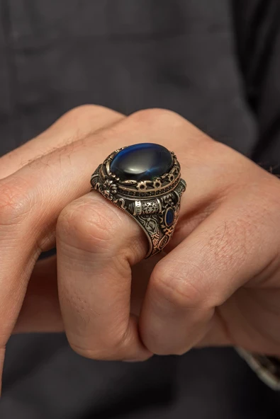 Mavi Kaplan Gözü Taşlı 925 Gümüş Erkek Yüzük - Resim 3