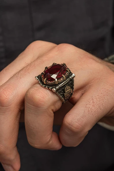 Kubbetüs Sahre Kırmızı Taşlı 925 Gümüş Erkek Yüzük - Resim 5