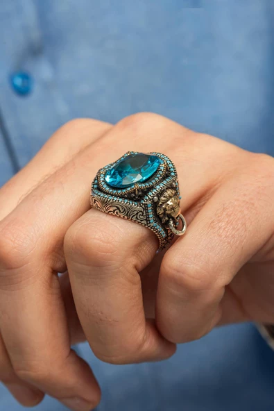 Aqua Mavi Taşlı Aslan Kapı Tokmak Motifli 925 Gümüş Erkek Yüzük - Resim 3