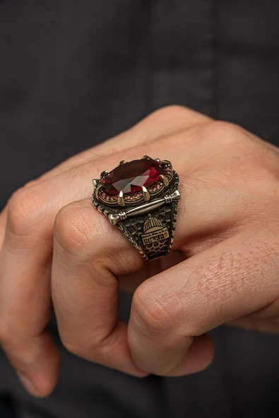 Kubbetüs Sahre Kırmızı Taşlı 925 Gümüş Erkek Yüzük - Resim 7