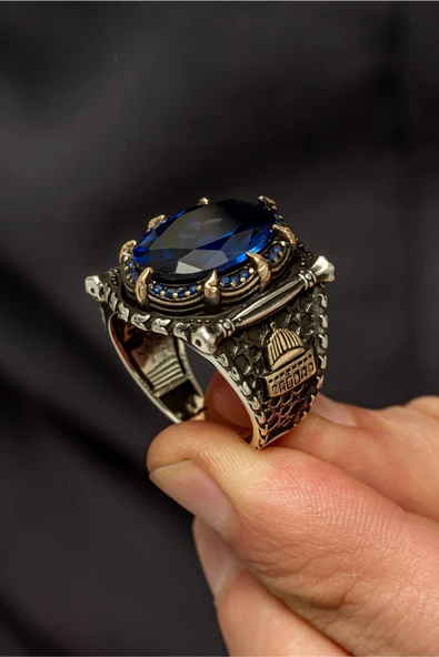 Kubbetüs Sahre Parlament Mavisi Taşlı 925 Gümüş Erkek Yüzük - Resim 6