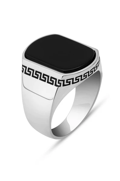 Siyah Oniks Taşlı Grek Desenli 925 Gümüş Erkek Yüzük - Resim 2