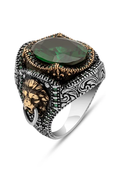 Yeşil Taşlı Aslan Kapı Tokmak Motifli 925 Gümüş Erkek Yüzük - Resim 2