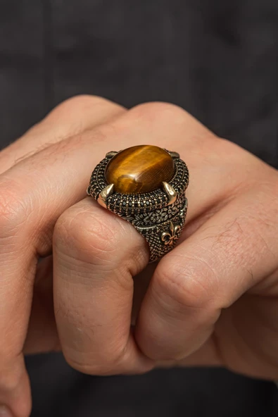 Kaplan Gözü Taşlı 925 Gümüş Erkek Yüzük - Resim 2