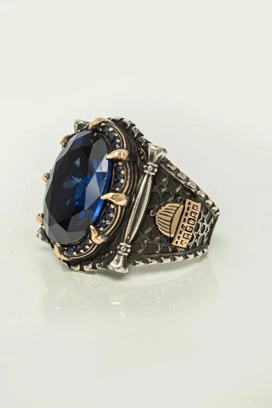 Kubbetüs Sahre Parlament Mavisi Taşlı 925 Gümüş Erkek Yüzük - Resim 4