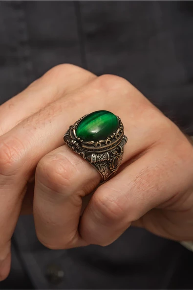 Yeşil Kaplan Gözü Taşlı 925 Gümüş Erkek Yüzük - Resim 5