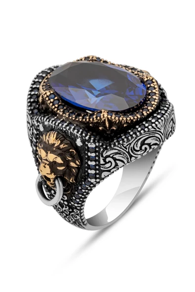 Parlament Mavisi Taşlı Aslan Kapı Tokmak Motifli 925 Gümüş Erkek Yüzük - Resim 2