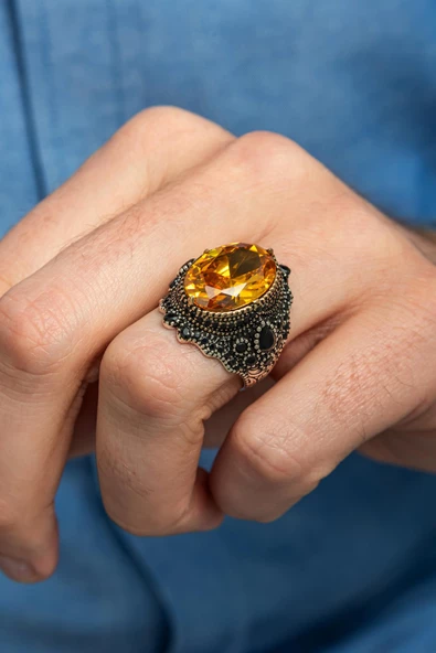 Sarı Zirkon Taşlı 925 Gümüş Erkek Yüzük ürün görseli