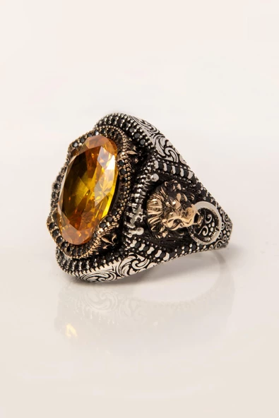 Aslan Başı Tokmak Motif Taşlı 925 Gümüş Erkek Yüzük - 7