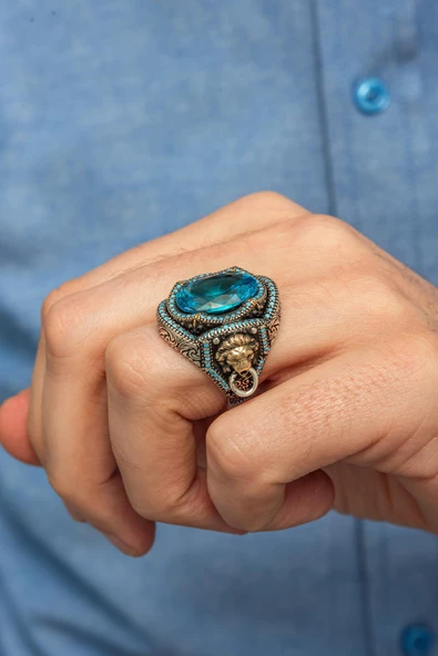 Aqua Mavi Taşlı Aslan Kapı Tokmak Motifli 925 Gümüş Erkek Yüzük - Resim 6