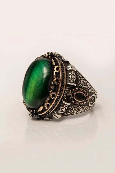 Yeşil Kaplan Gözü Taşlı 925 Gümüş Erkek Yüzük - Resim 4
