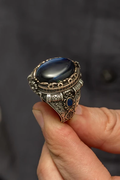 Mavi Kaplan Gözü Taşlı 925 Gümüş Erkek Yüzük - Resim 5