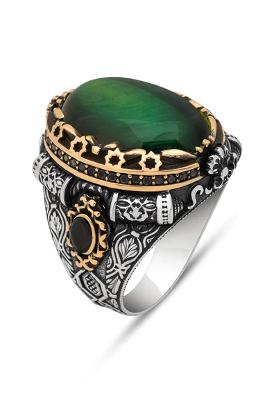 Yeşil Kaplan Gözü Taşlı 925 Gümüş Erkek Yüzük - Resim 2