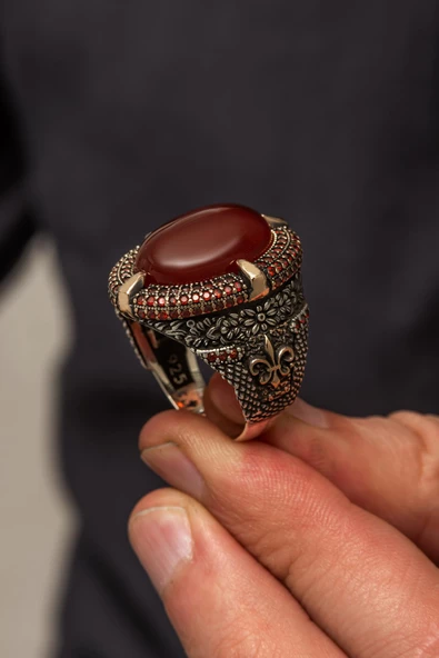 Akik Taşlı 925 Gümüş Erkek Yüzük - Resim 6