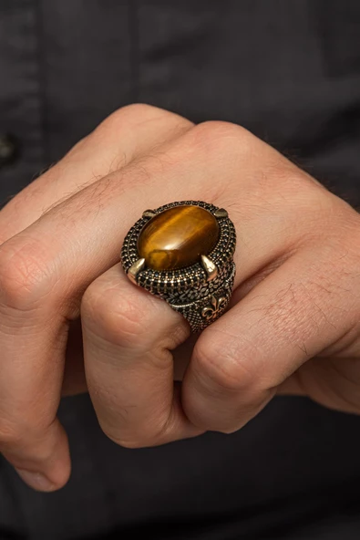 Kaplan Gözü Taşlı 925 Gümüş Erkek Yüzük - Resim 5